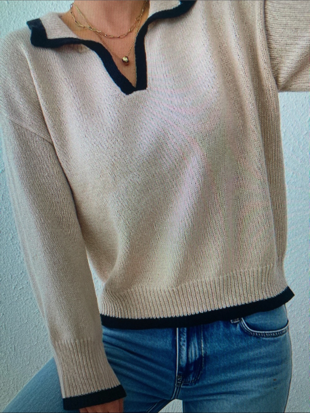 Women's Beige V-Neck Sweater with Black Trim
